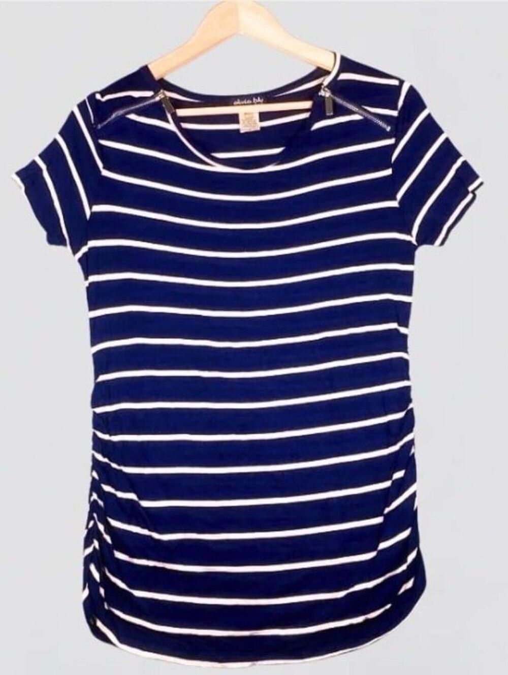Olivia Blu Maternity Tee Stripe Scoop Neck Zip Shoulders Medium